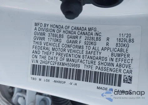 2021 Honda Civic Sport from USA, damaged, VIN 2HGFC2F8XMH509669